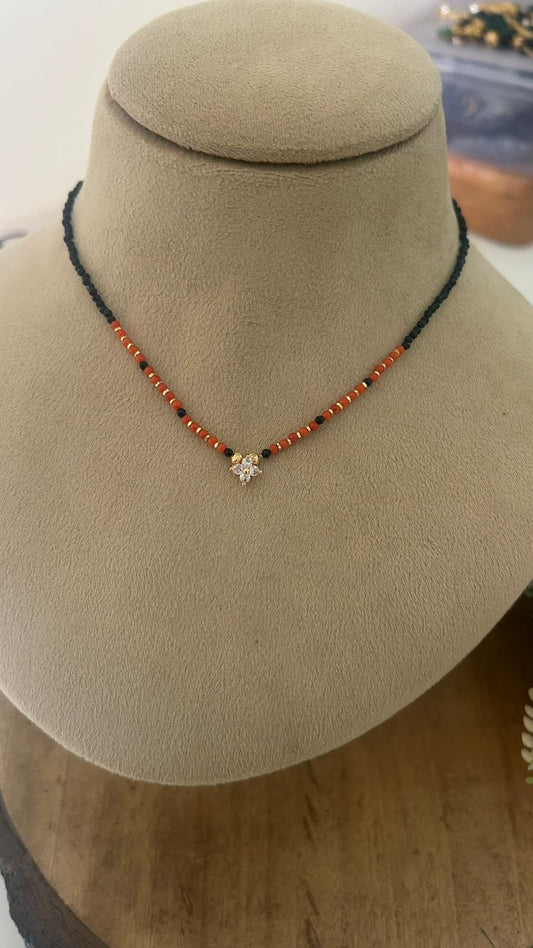Handmade 16 Inch Black Beads Necklace with Red Coral Beads & CZ Flower Pendant