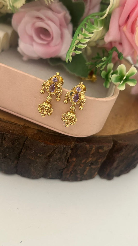Traditional Purple Stone Mini Jhumka Screwback Earrings