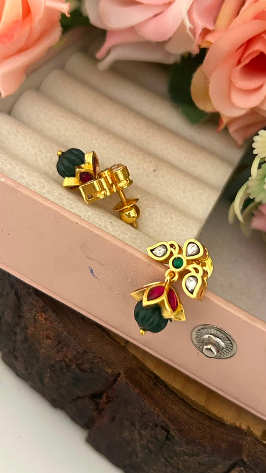 Gold Look Kundan Screwback Earrings with Green Bead Drop for Women