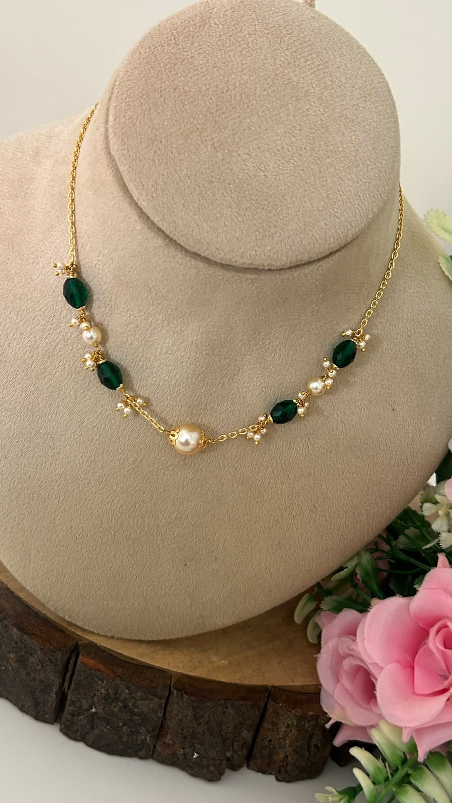 Handmade Green CZ Beads & Swarovski Pearl 16 Inch neck chain