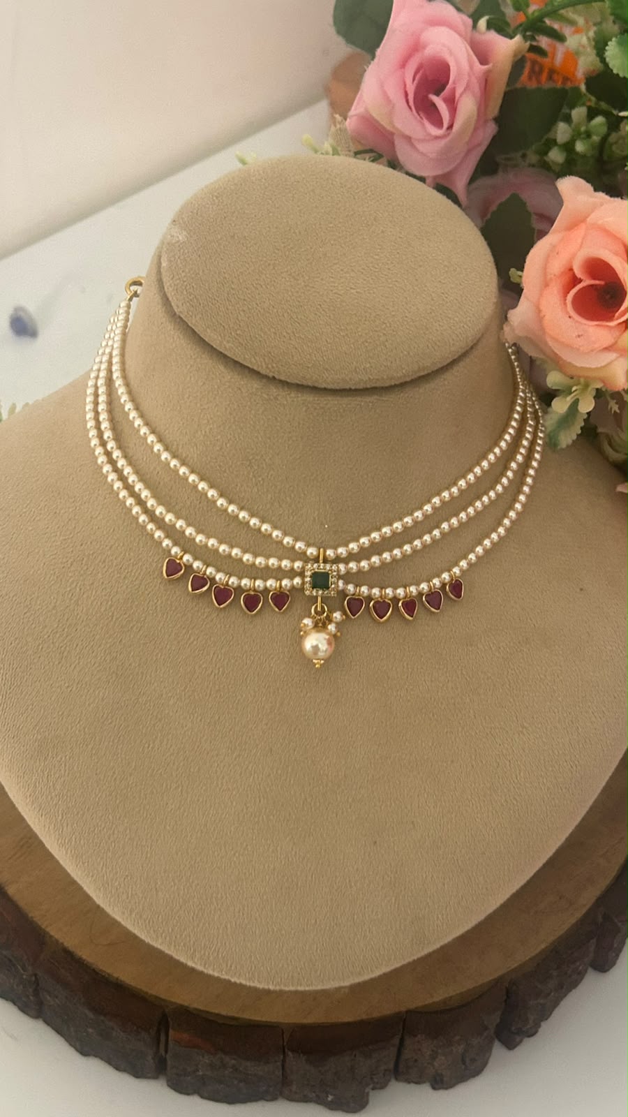 Pearl Choker Necklace with Green Pendant & Heart Polki Drops – Traditional Layered Choker