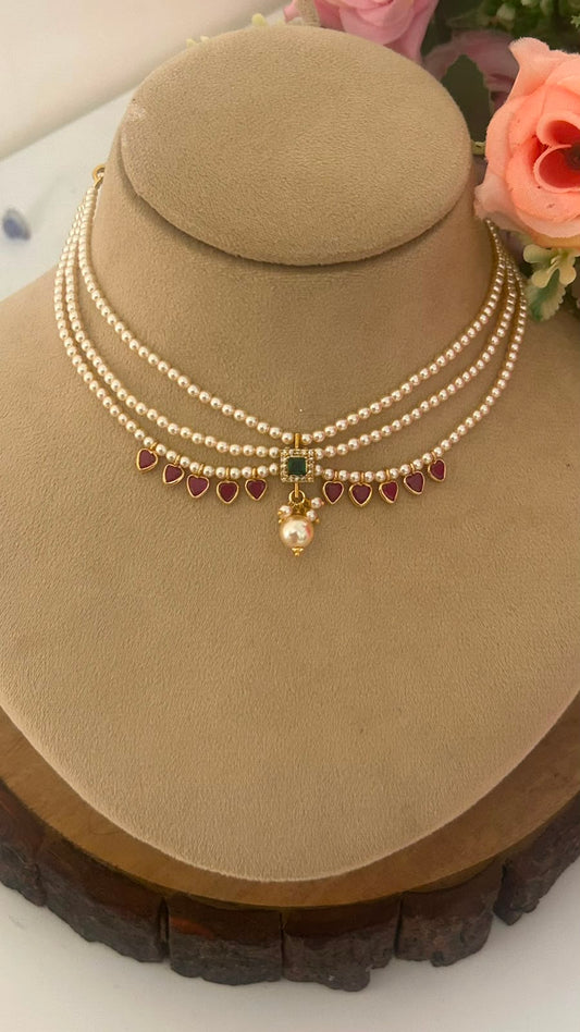 Pearl Choker Necklace with Green Pendant & Heart Polki Drops – Traditional Layered Choker