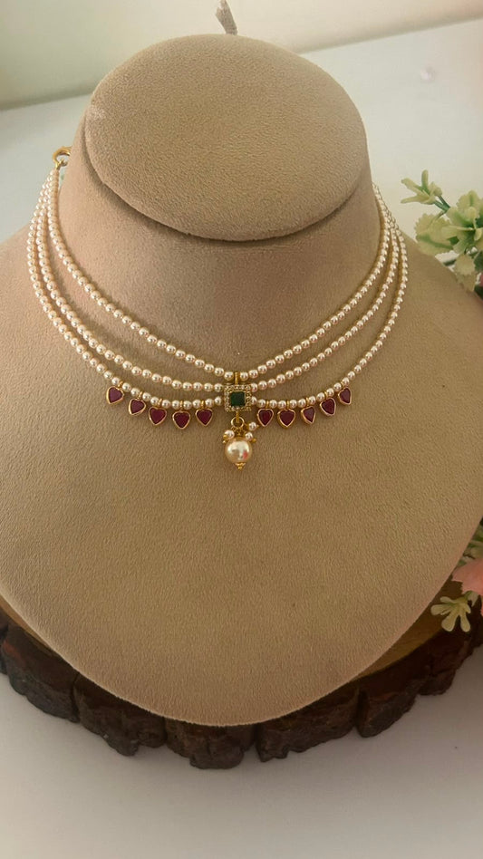 Pearl Choker Necklace with Green Pendant & Heart Polki Drops – Traditional Layered Choker