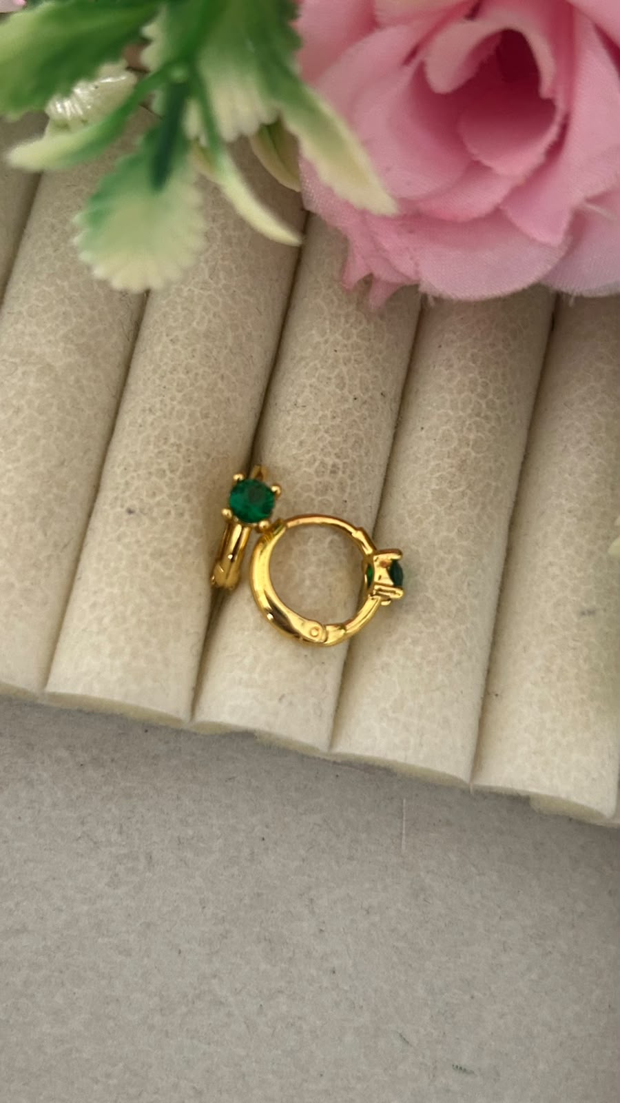 Gold Finish Green Stone Bali Earrings | Elegant medium Bali Hoops