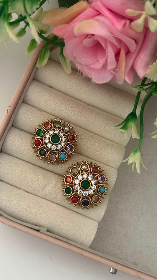 Antique Gold Finish Multi Color Stone Stud Earrings with Green Center