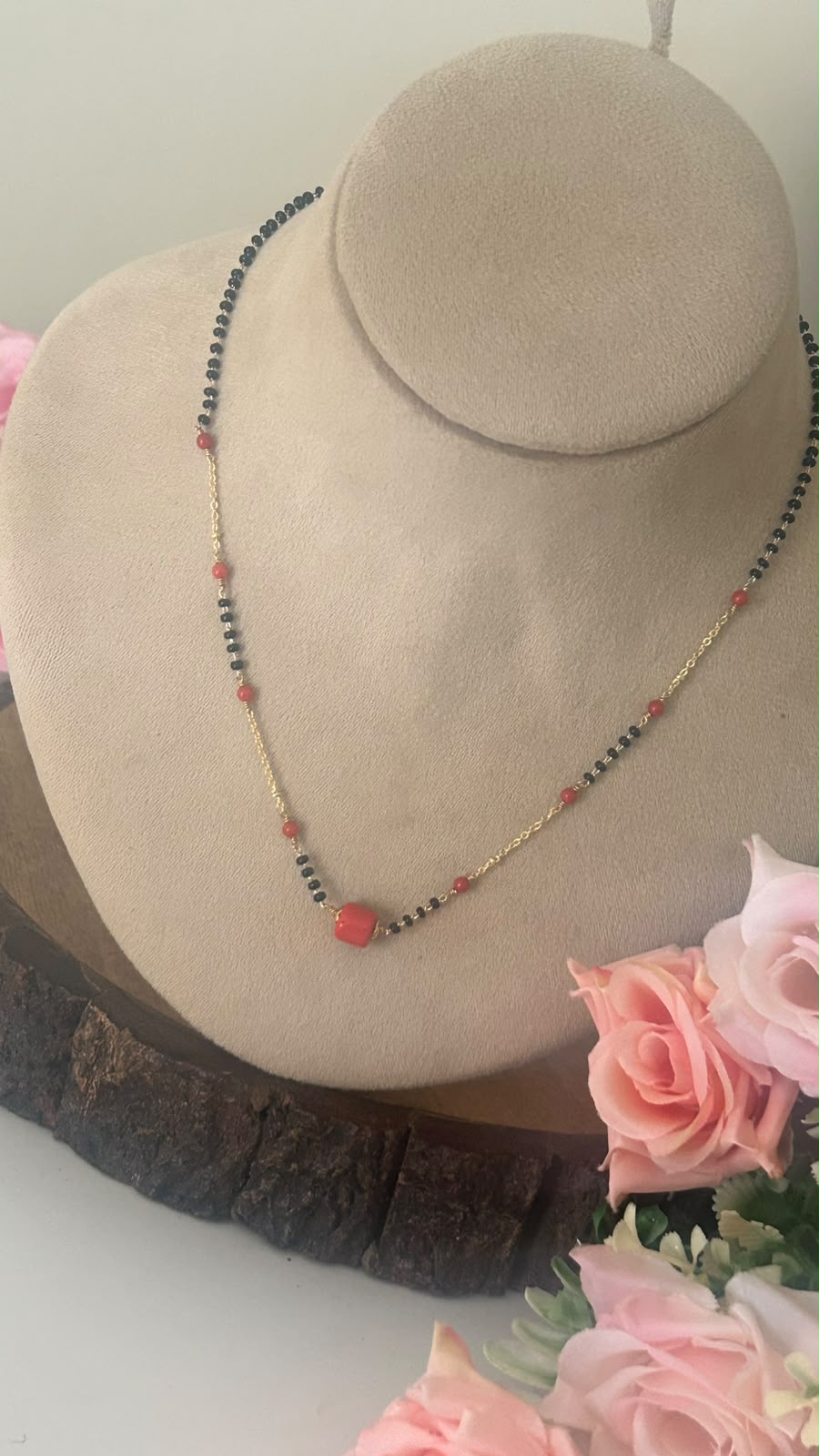 Black Beads Necklace with Red Coral Beads in 16 inches with back side extra hopps