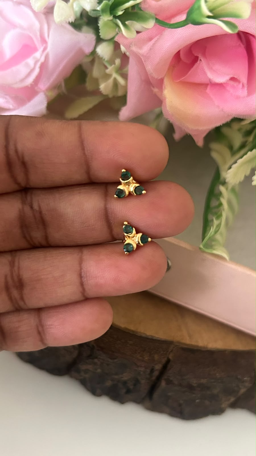 Traditional Panchaloham Three Stone Stud Earrings in green with Gold Finish