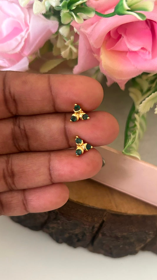 Traditional Panchaloham Three Stone Stud Earrings in green with Gold Finish