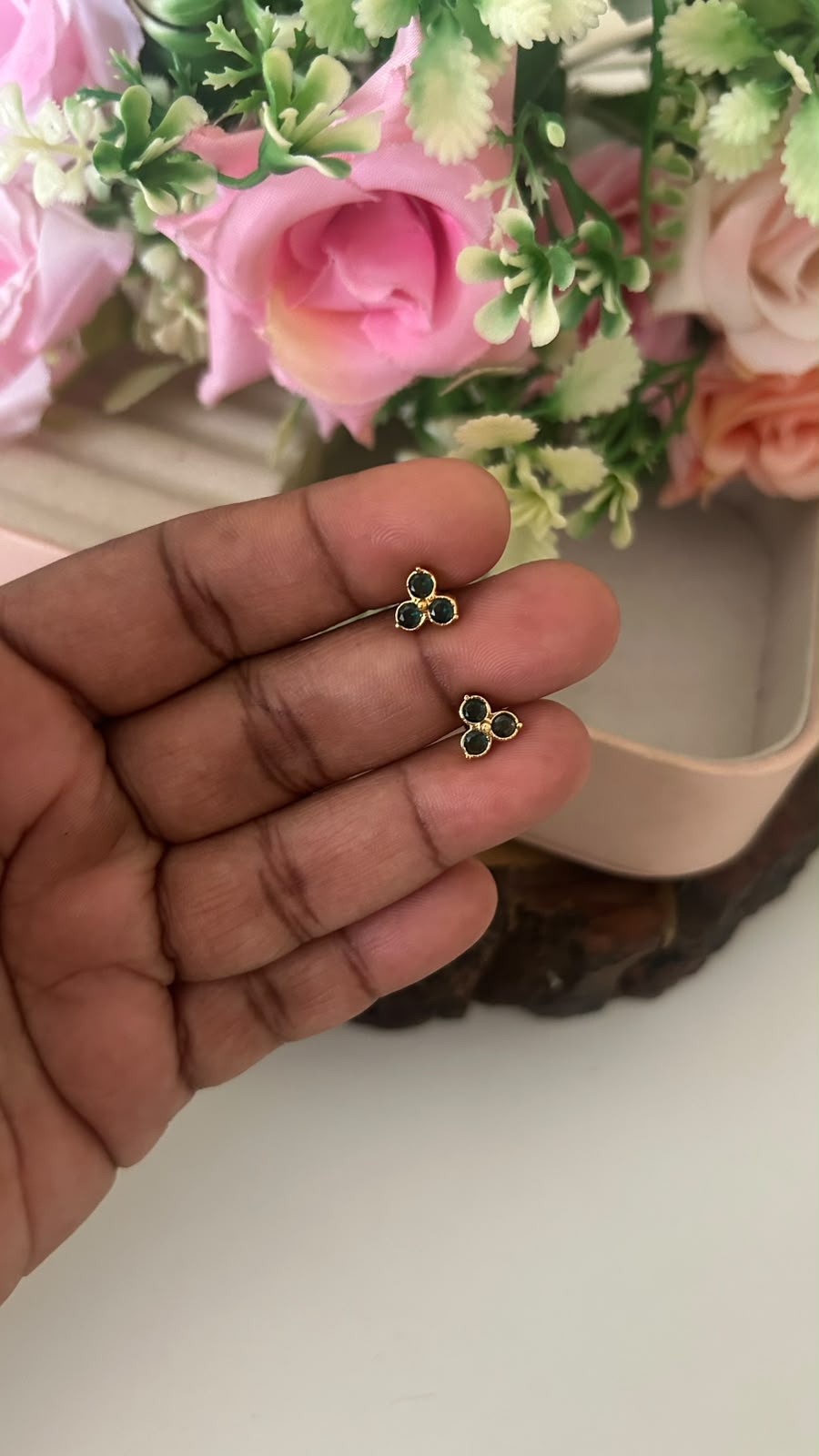 Elegant Triple Diamond Stud Earrings in Panchaloham ( small size) in green