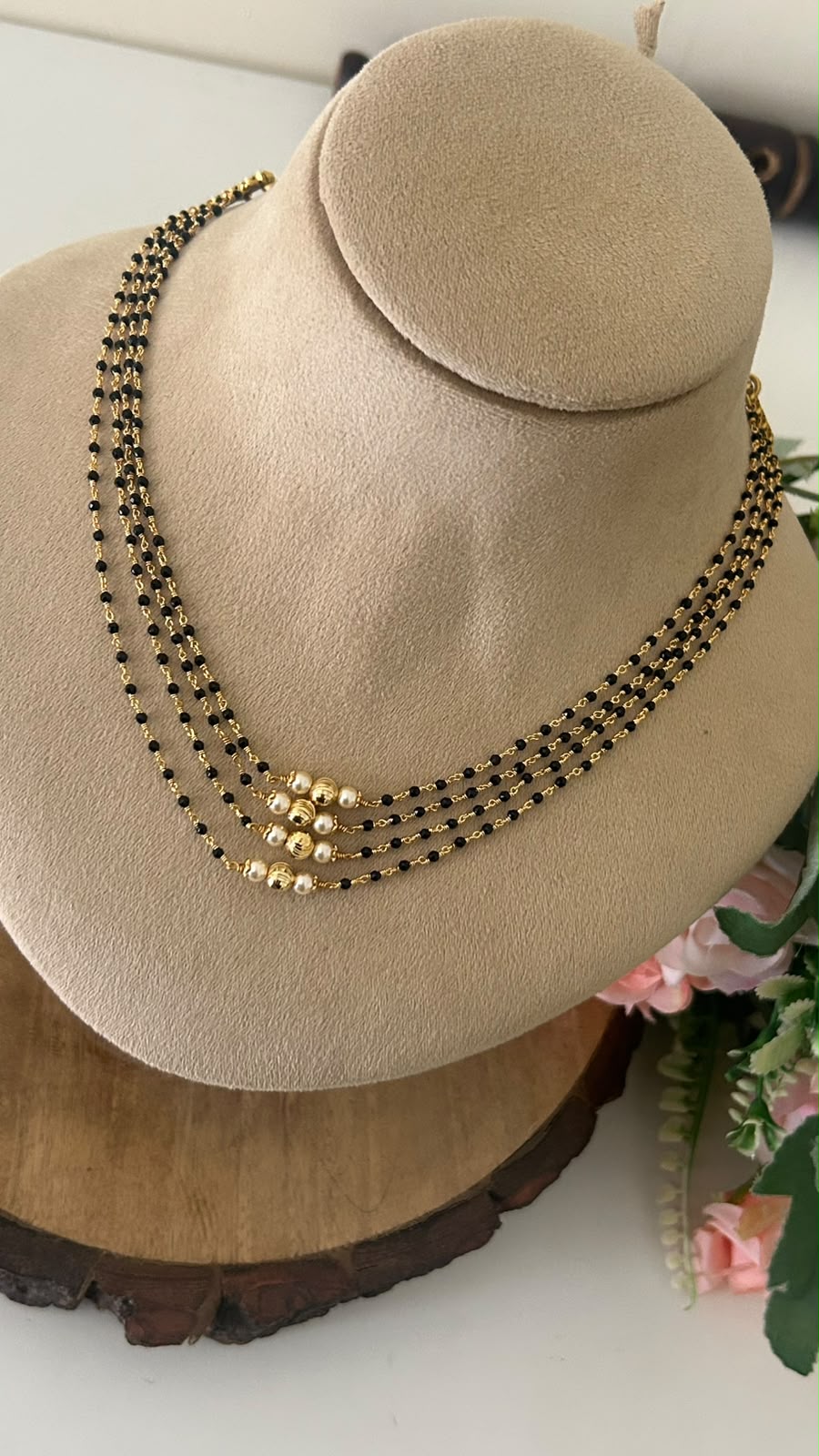 Handmade Multi Layer Black Beads Chain with Pearl & Gold Balls, Back Side Adjustable Thread