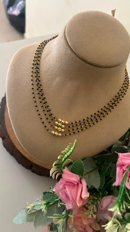 Handmade Multi Layer Black Beads Chain with Pearl & Gold Balls, Back Side Adjustable Thread