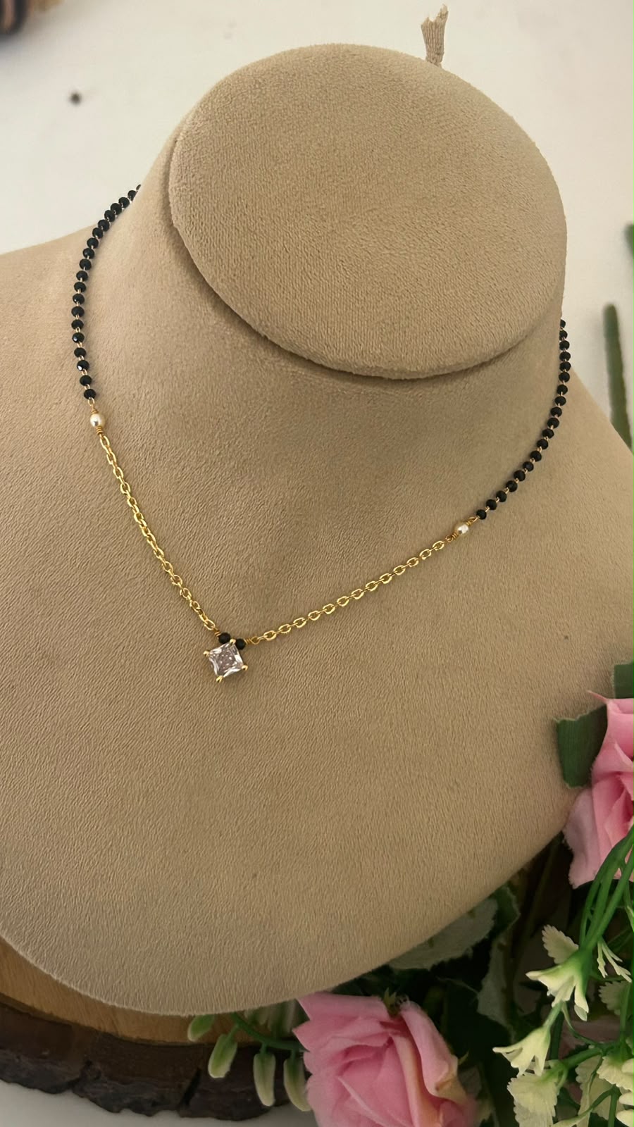 Handmade 16 Inch Black Beads Chain with Chain & Square CZ Pendant