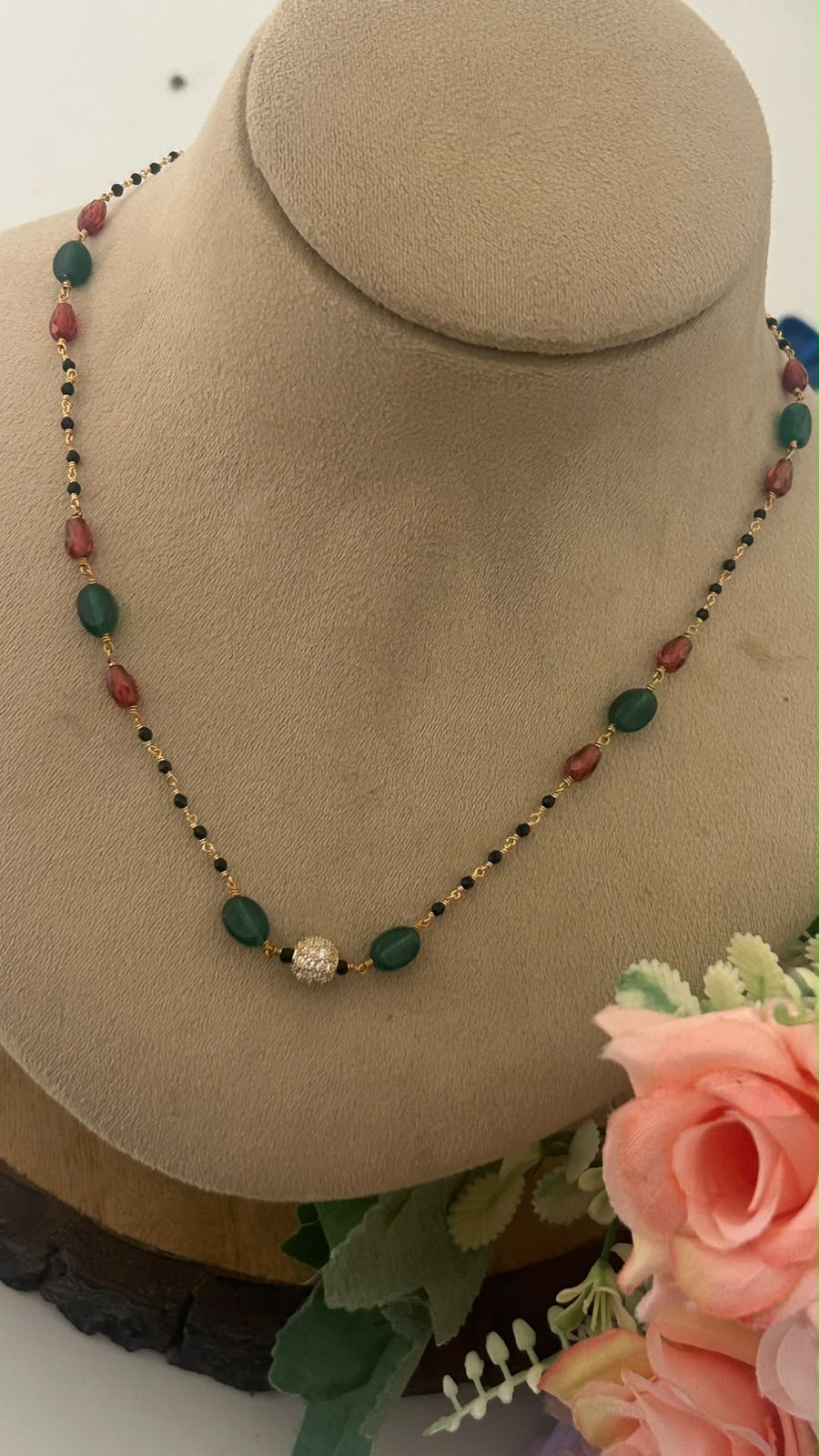 Black Beads Chain with Green Beads, Red Beads and CZ Ball Pendant