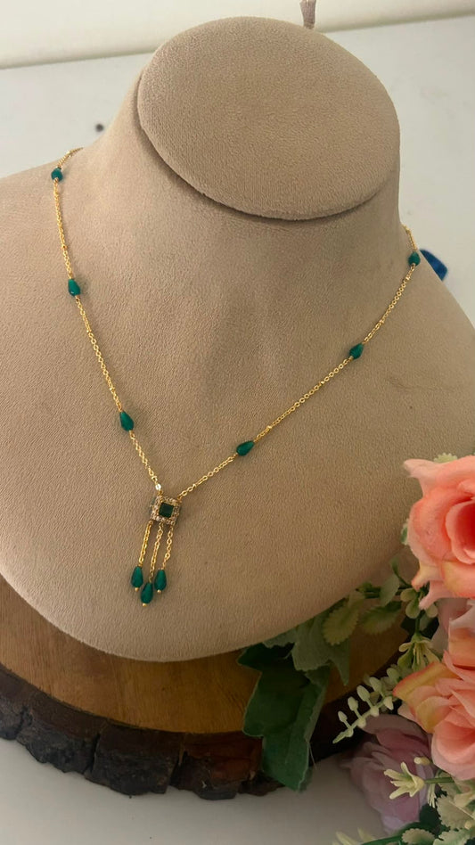 Black Beads Gold Chain with CZ Stone Pendant and Hanging Drops
