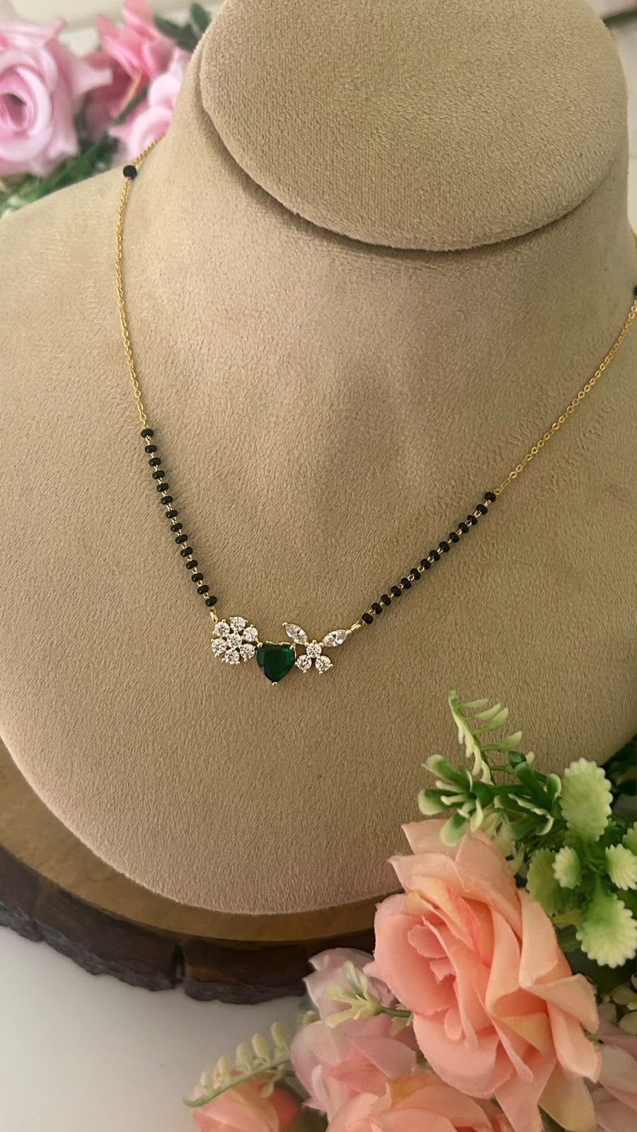 Green Heart Pendant Black Beads Mangalsutra Chain with CZ Flower Design