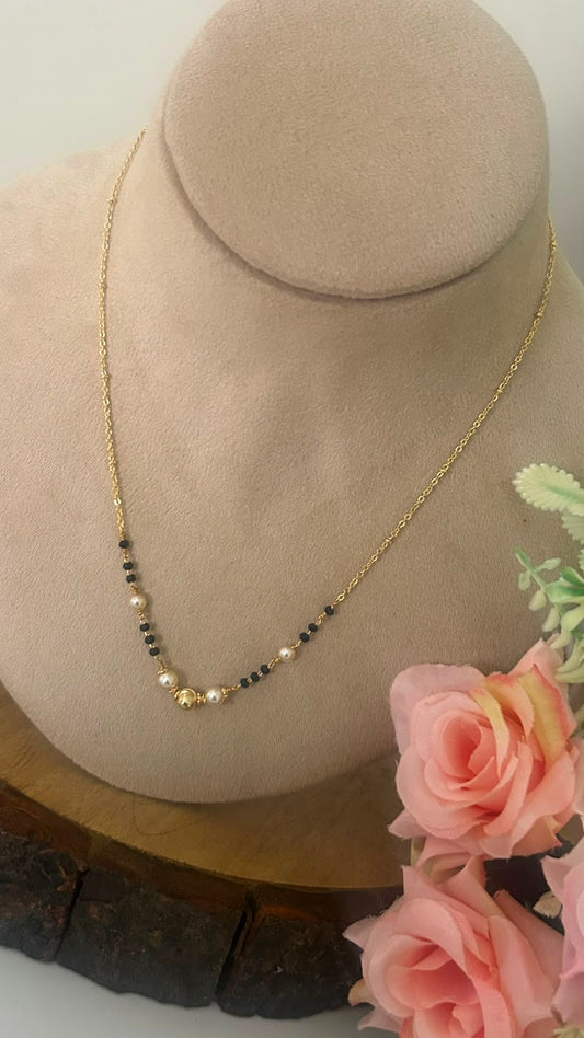 Gold Replica Black Beads Chain with Pearl Beads | Elegant Mangalsutra Style Necklace