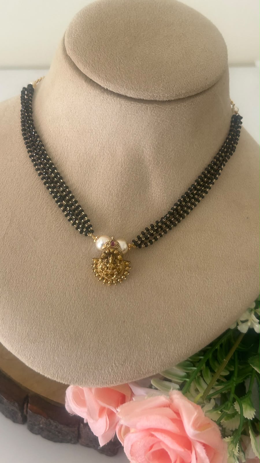 Traditional Black Beads Choker Necklace with Gold Lakshmi Pendant & Pearl Accents