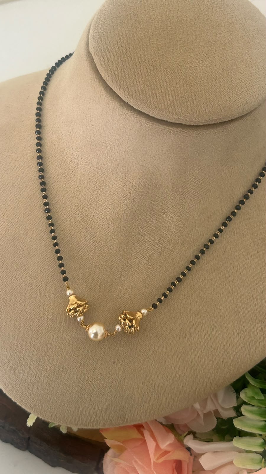 Black Beads Mangalsutra Chain with Pearl & Leaf Charm Design