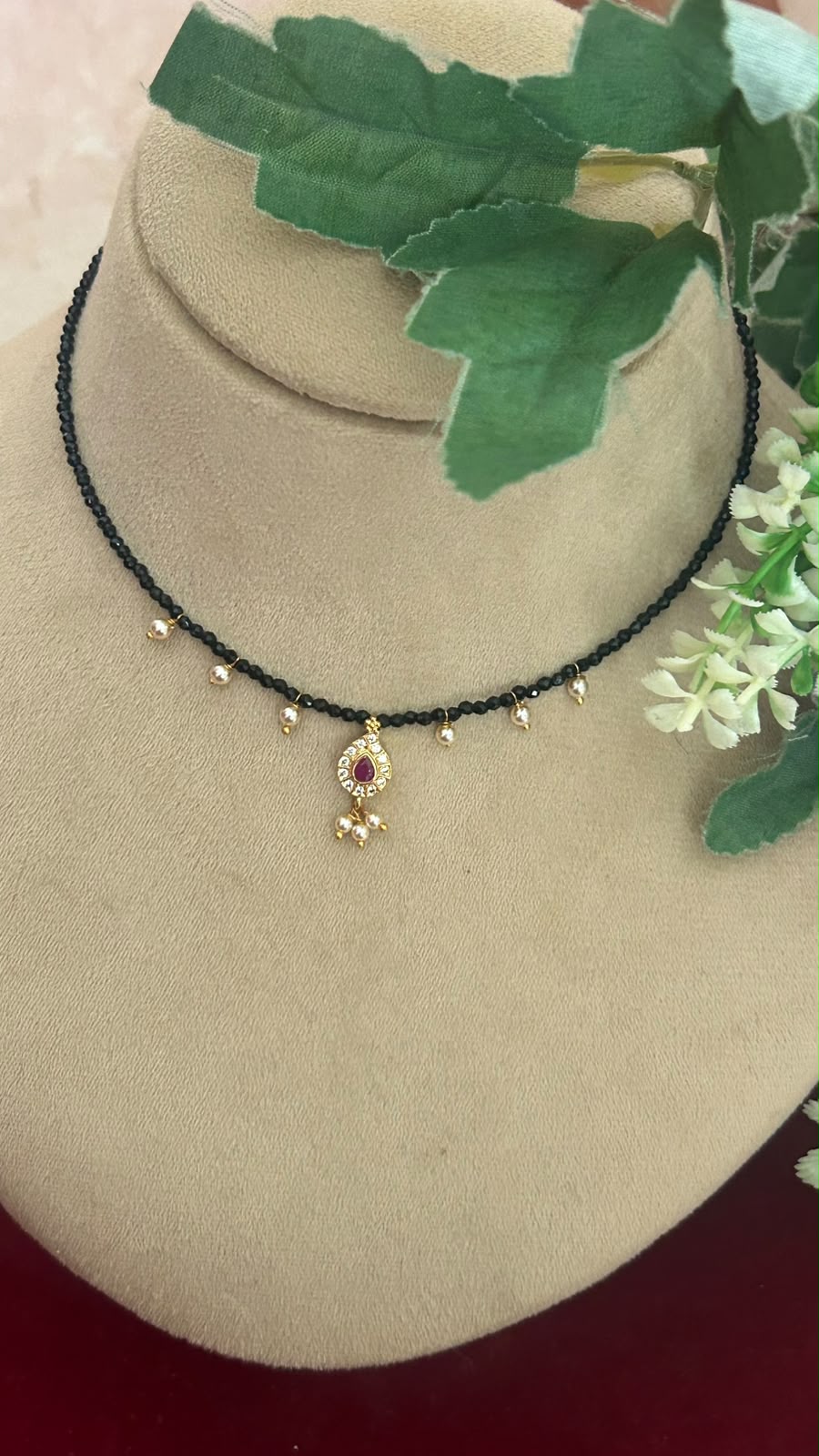 Elegant Invisible Black Beads Necklace with Ruby Pendant & pearlDrops for Women