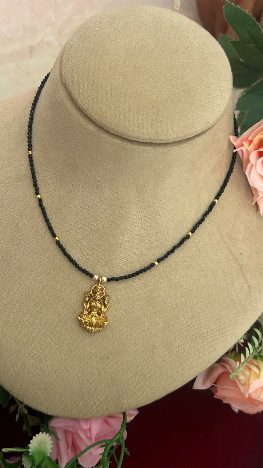 Traditional Invisible Black Beads Necklace with Antique Gold Lakshmi Devi Pendant for Women