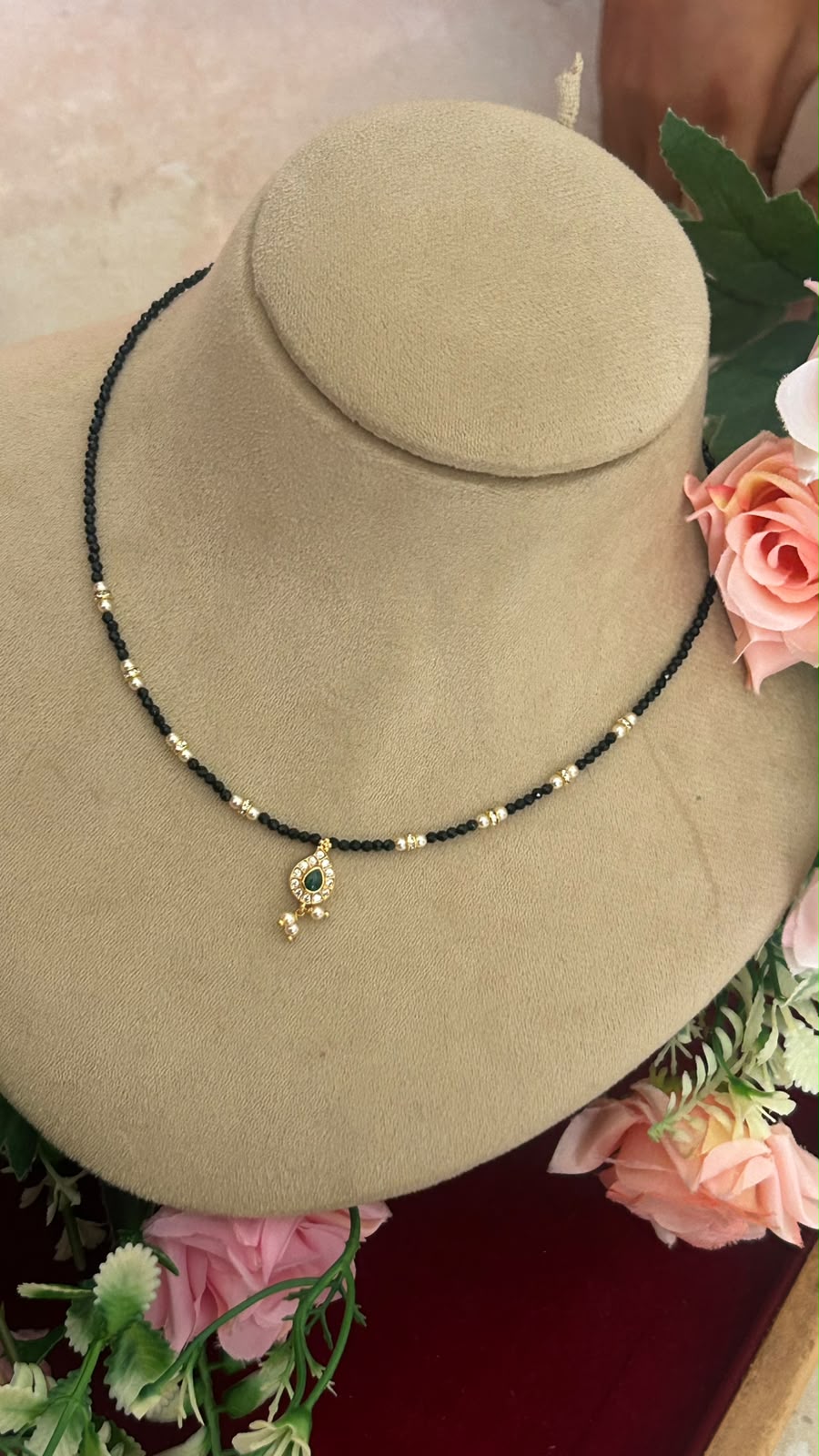 Elegant Invisible Black Beads Necklace with Green CZ Teardrop Pendant and Gold-Tone Beads for Women