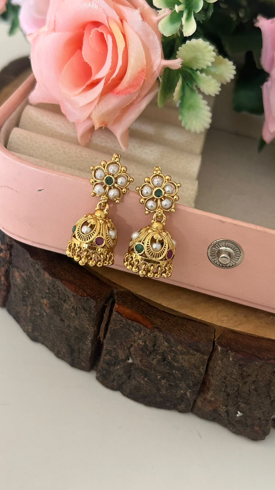 Antique Gold Pearl Floral Jhumka Screw Back Earrings with Multicolor Stones