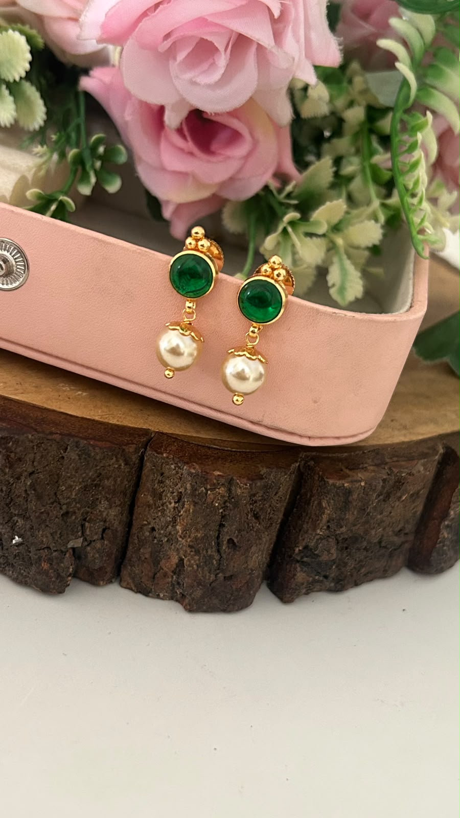 Green Stone Pearl Drop Gold-Plated Push Back Earrings for Women