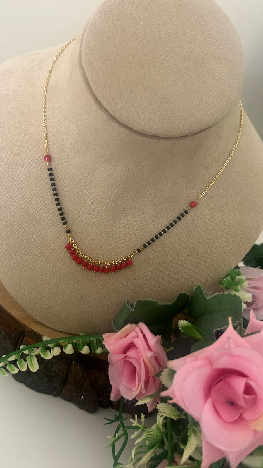 Minimalist Black Bead Mangalsutra Chain with Red Coral Bead Drops for Women