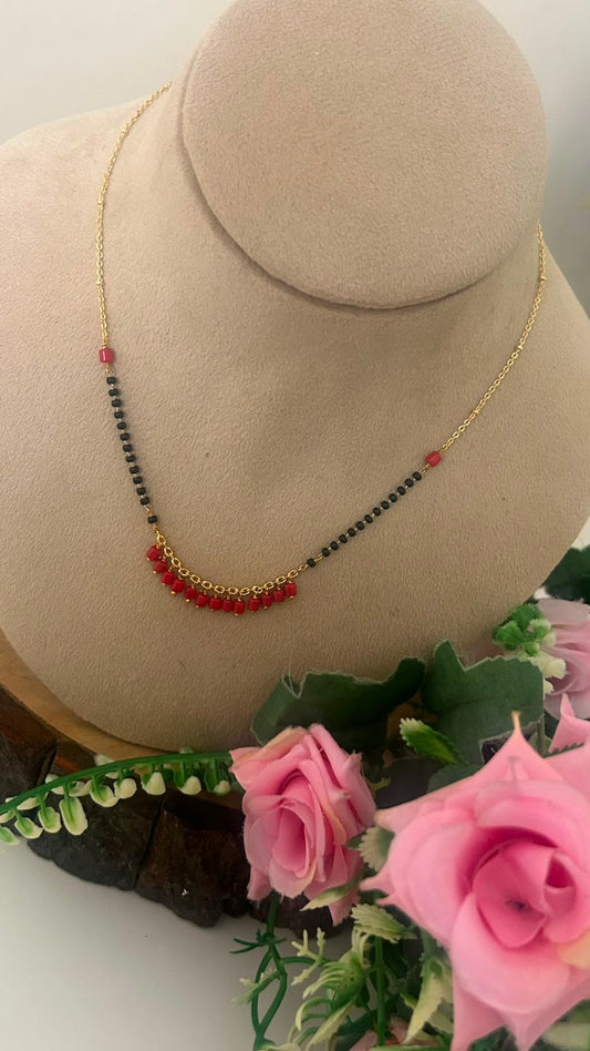 Minimalist Black Bead Mangalsutra Chain with Red Coral Bead Drops for Women