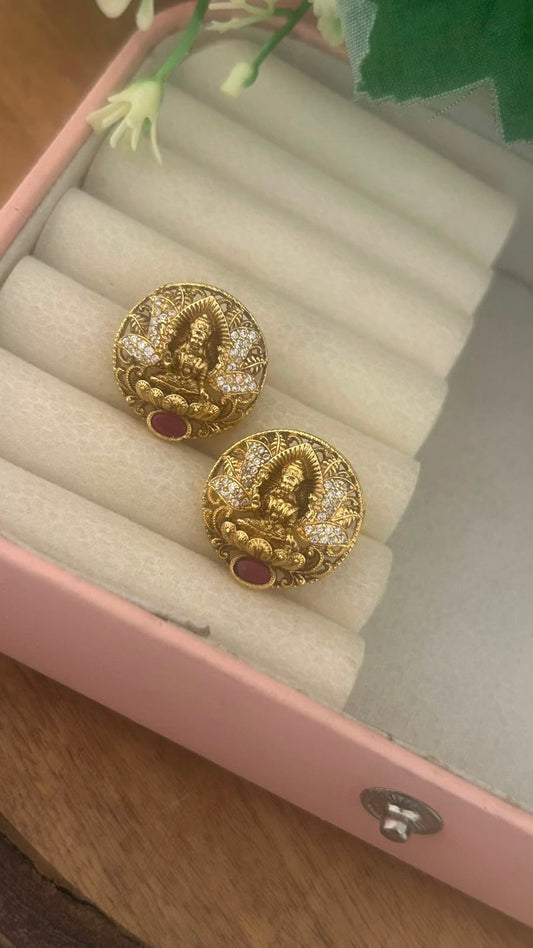 Antique Gold Finish Lakshmi Devi Round Pushback Earrings with Stone Work