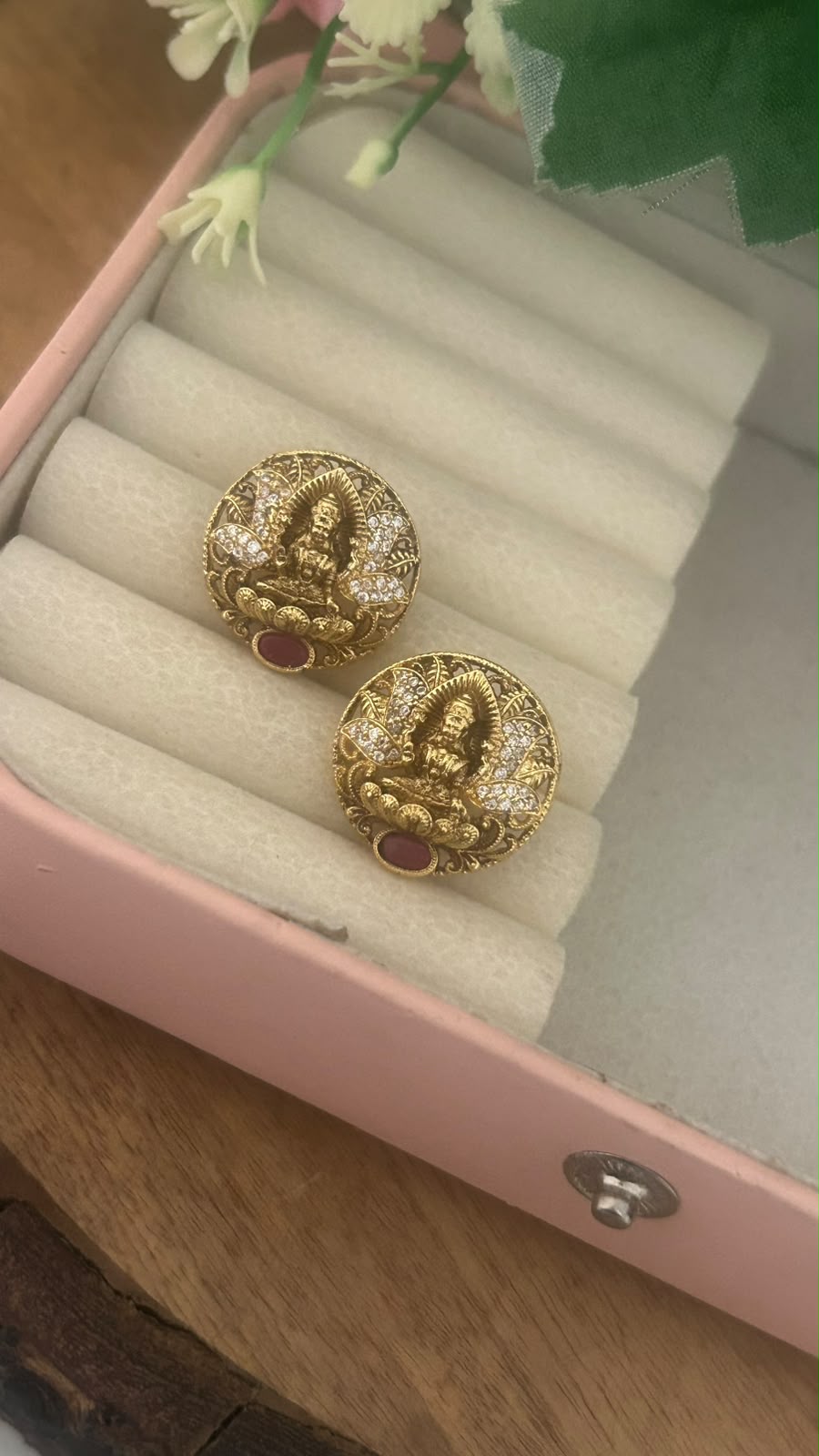 Antique Gold Finish Lakshmi Devi Round Pushback Earrings with Stone Work