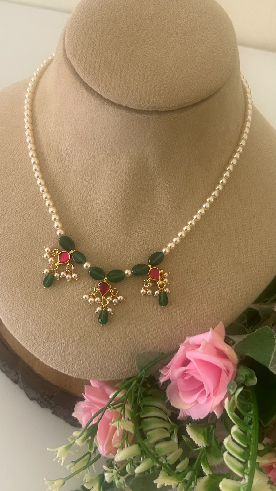 Traditional Pearl Necklace with Ruby Kundan Drops, cz Green Beads and Pearl Hangings