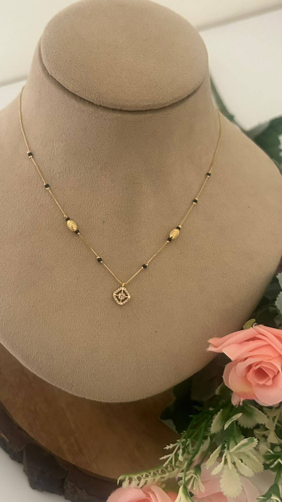 Black Beads Mangalsutra Chain with Floral CZ Pendant and Textured Gold Beads