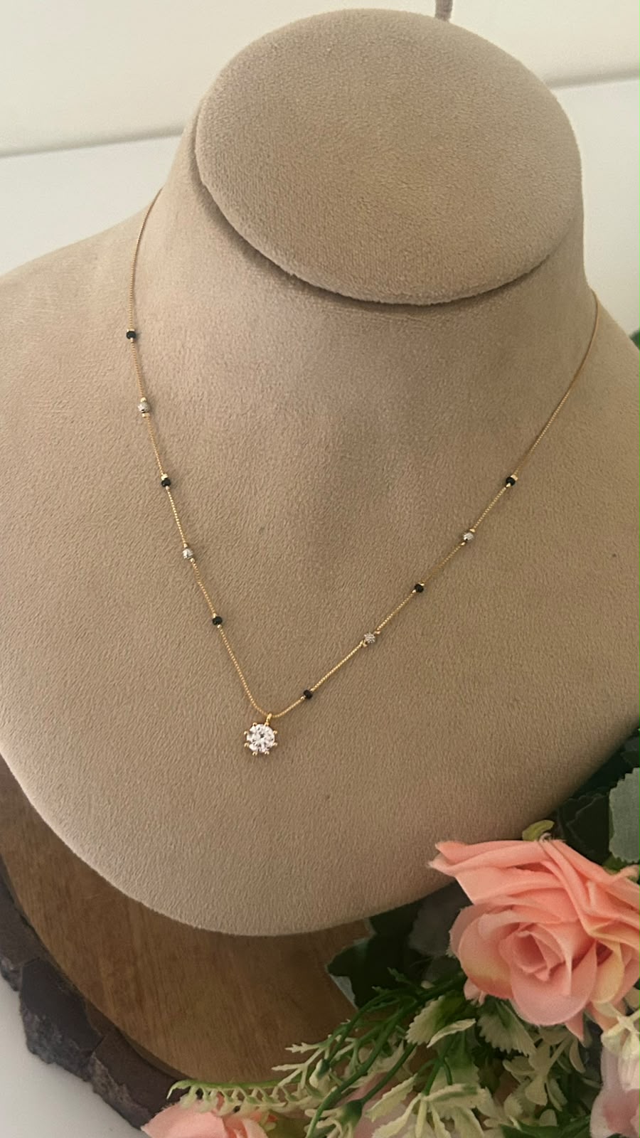 Sparkling Diamond-Style Black Beads Mangalsutra Chain with Round CZ Pendant