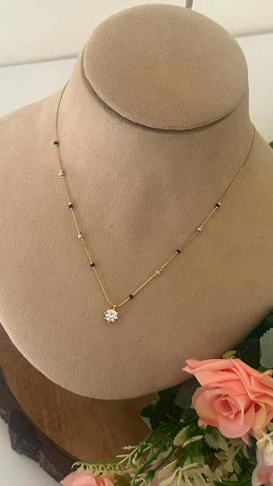 Sparkling Diamond-Style Black Beads Mangalsutra Chain with Round CZ Pendant