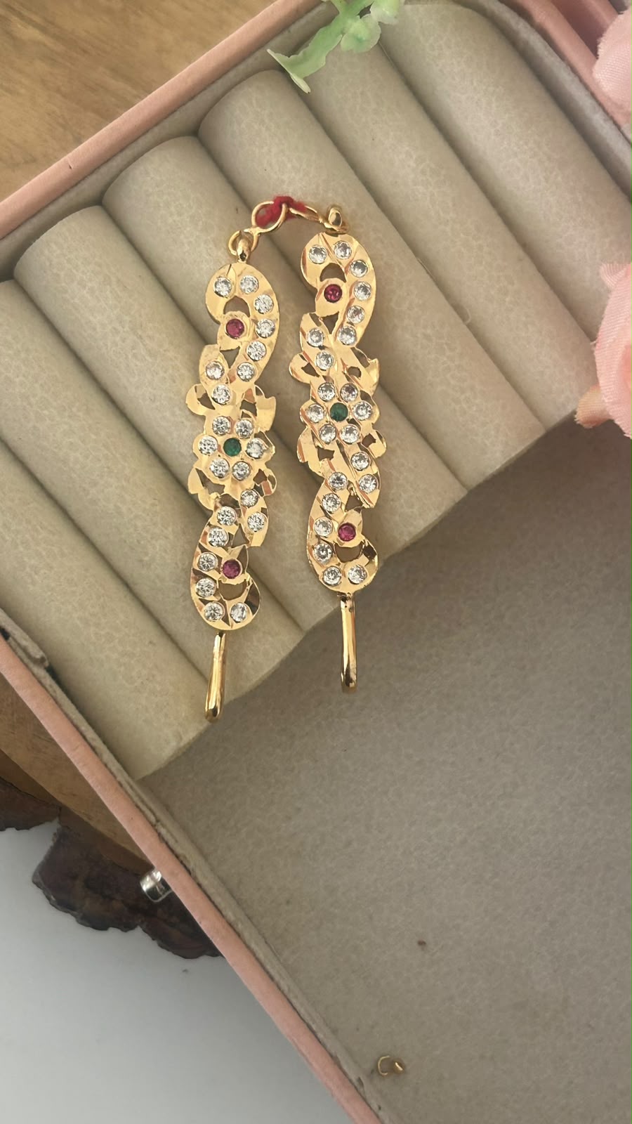 Polished Panchaloham Mango Motif Mattilu | Ruby Green CZ Stone Gold Finish Ear Chains