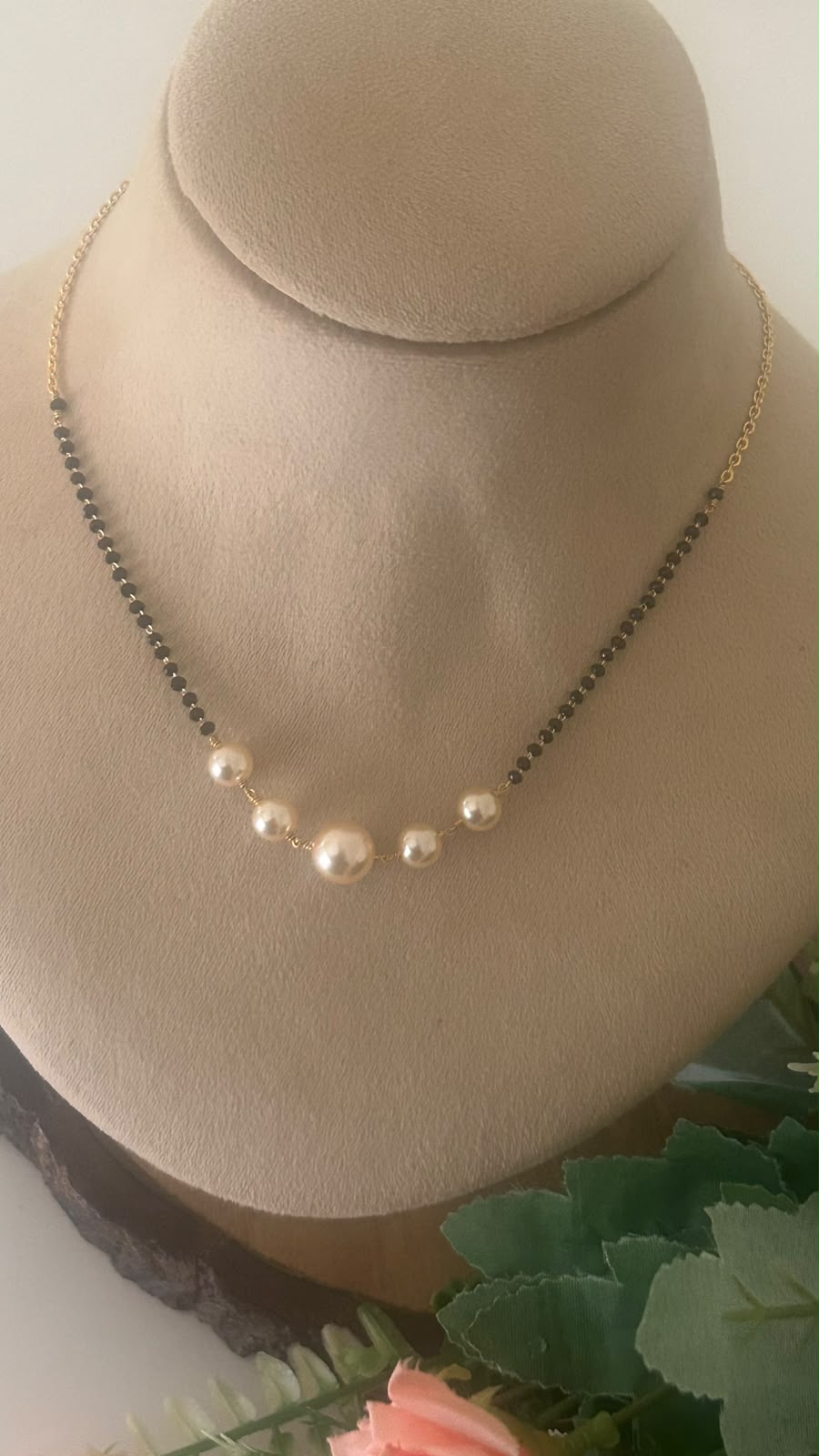 Black Beads Mangalsutra Chain with Graduated Gold Ball Design in 16 inch