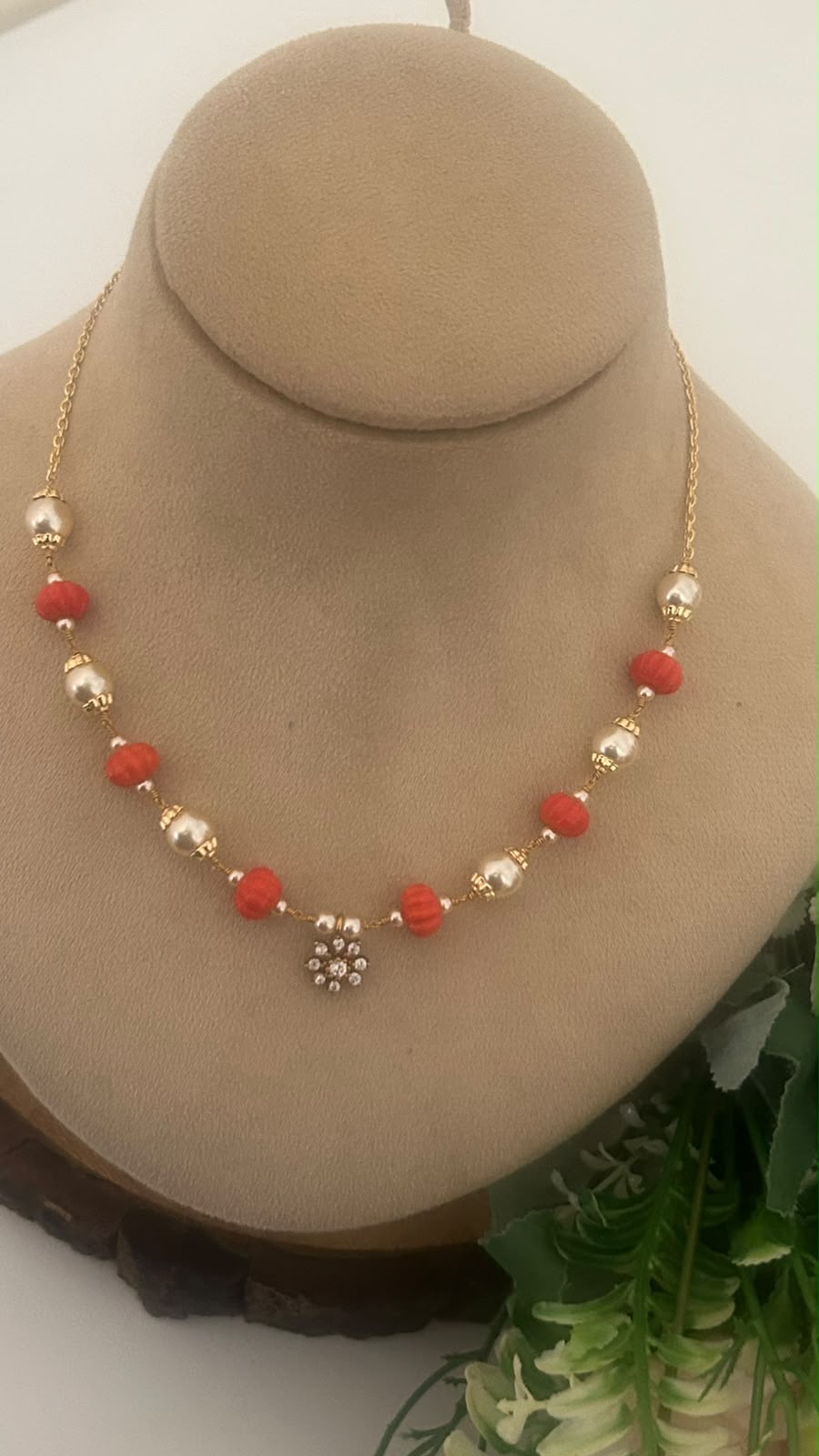 Red coralBeads & swaroski Pearl Necklace with CZ Floral Pendant