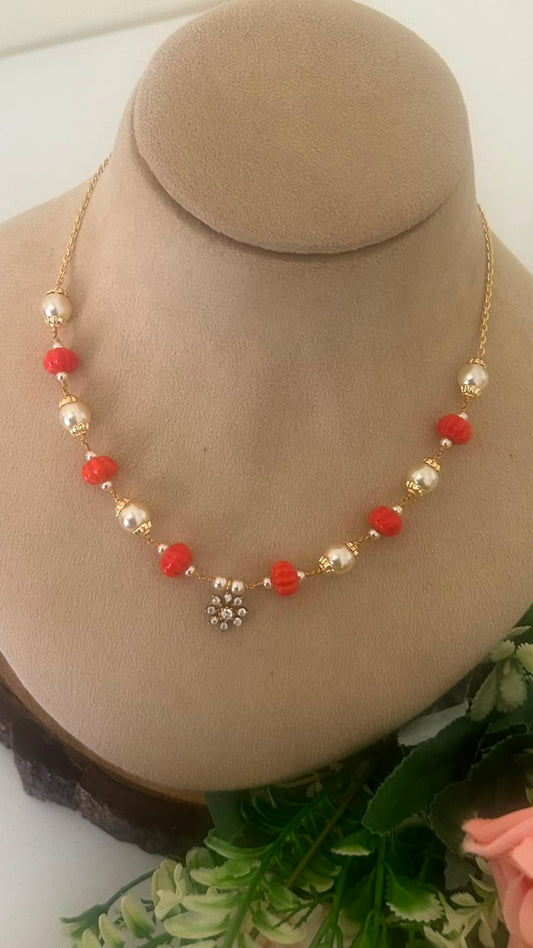 Red coralBeads & swaroski Pearl Necklace with CZ Floral Pendant