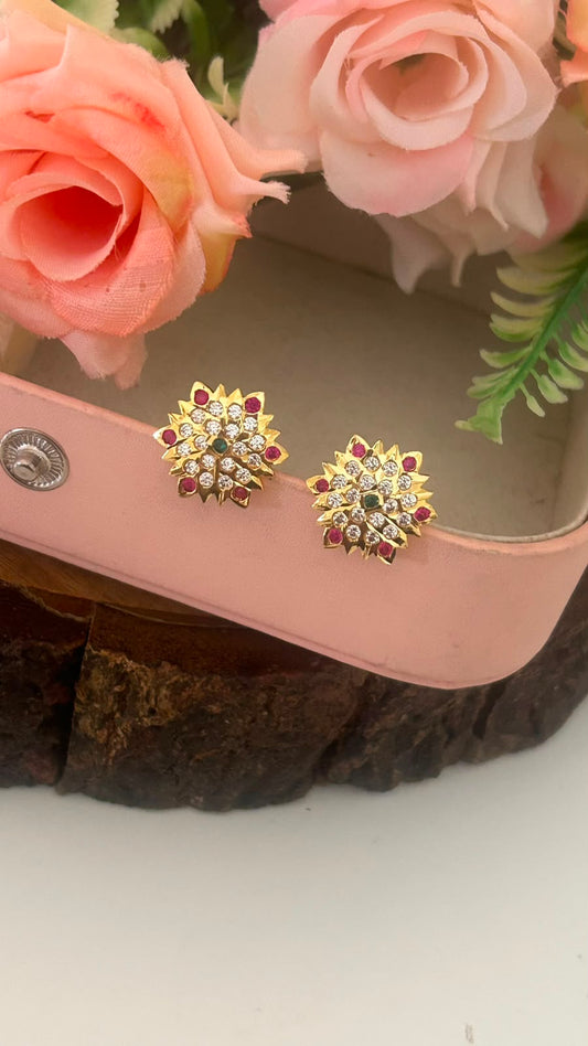Panchaloham Polished Ruby Green Stone Floral Big Size Stud Earrings