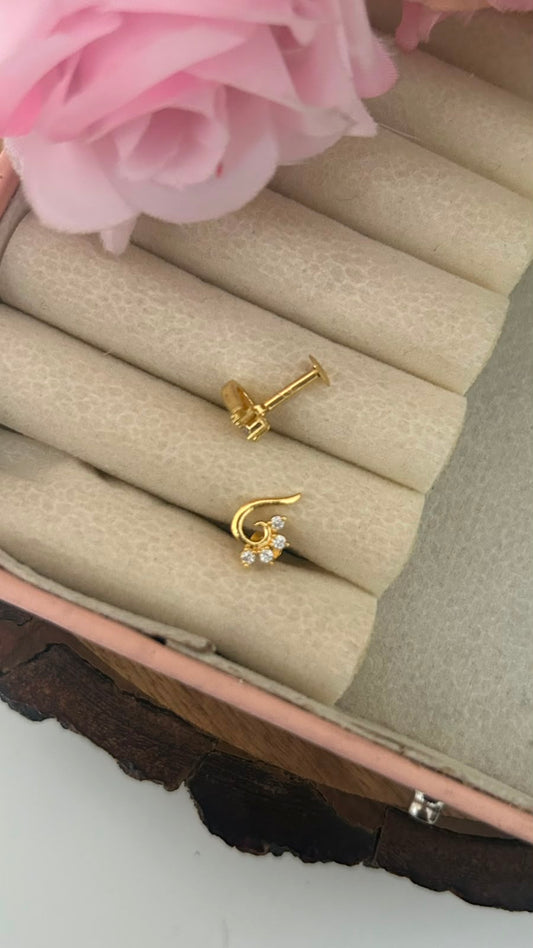 Mini Peacock Feather Screwback Stud Earrings | Gold Finish Diamond Replica