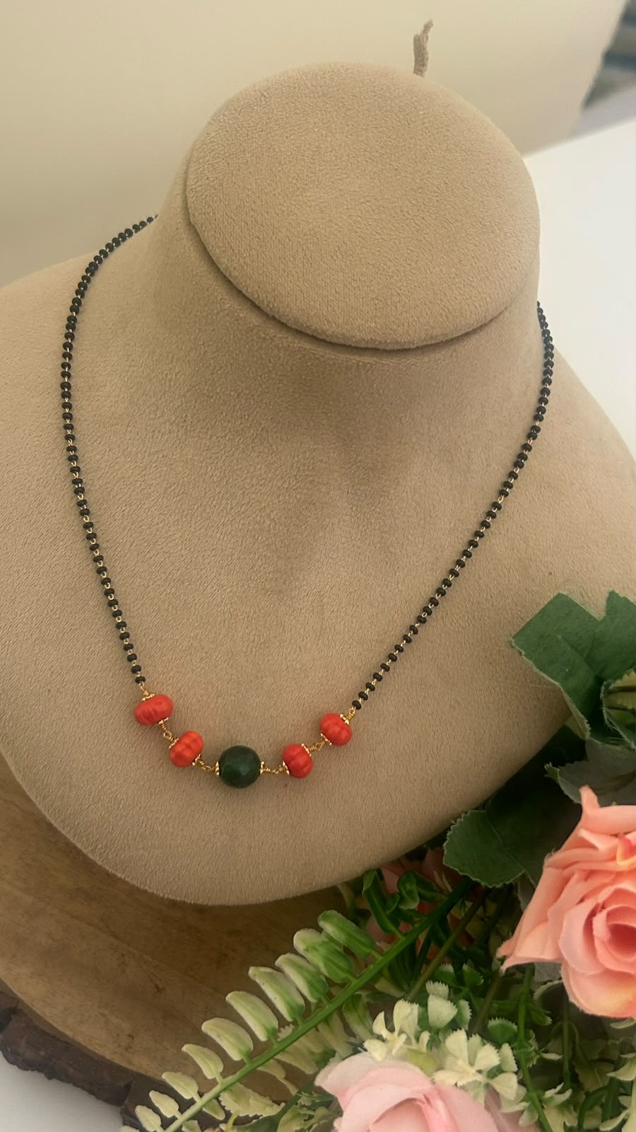 Black Beads coral & Green Beaded Mangalsutra – 16–17 Inches