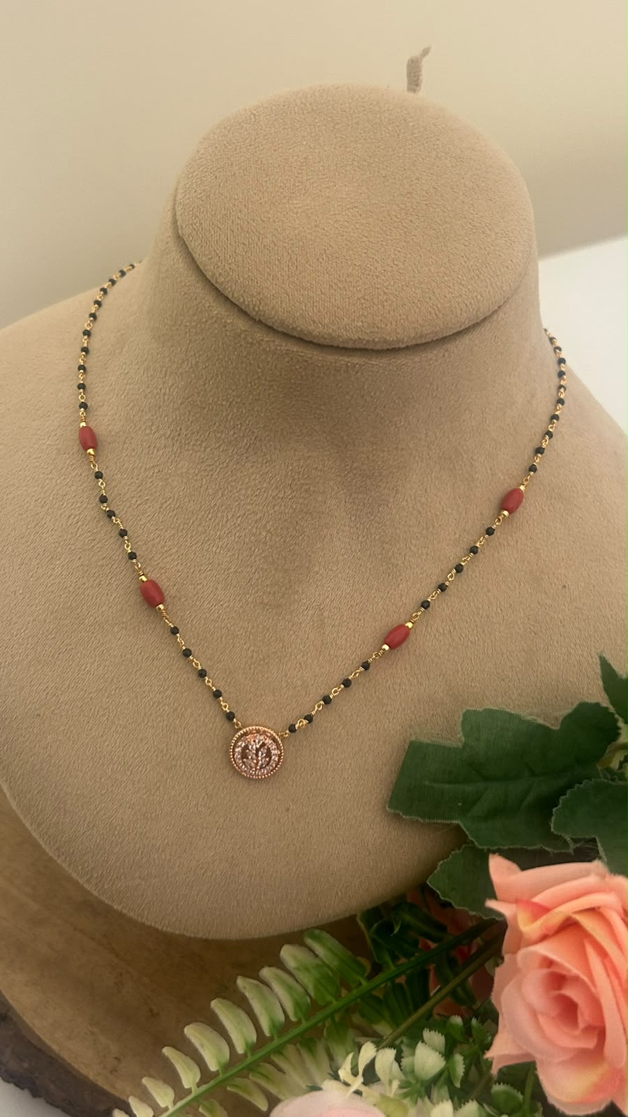 Traditional Black Beads Red coral beads chain in – 16–17 Inches