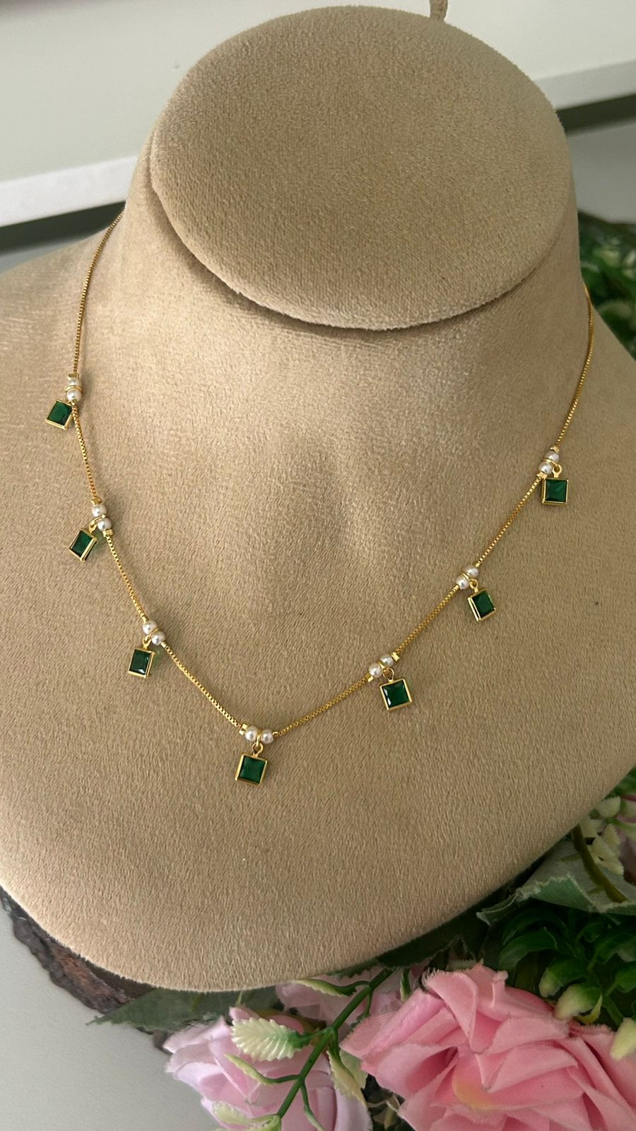 Elegant Gold Chain Necklace with Dainty Square Green Pendants