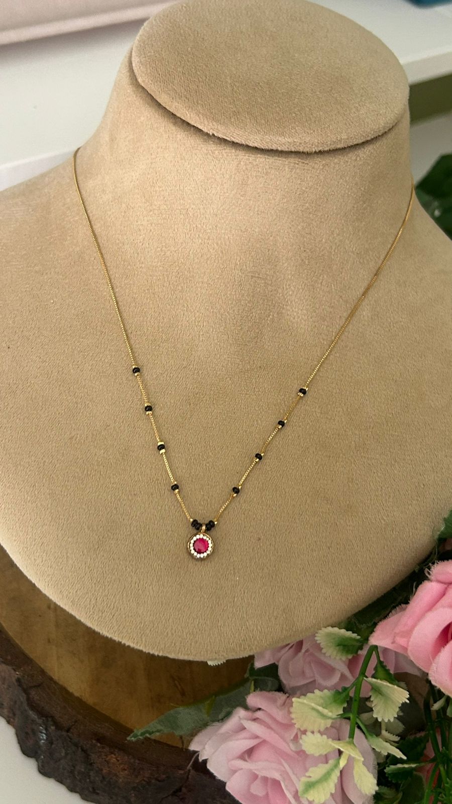 Short Black Beads Station Chain Necklace with Round Ruby Red CZ Pendant for Women