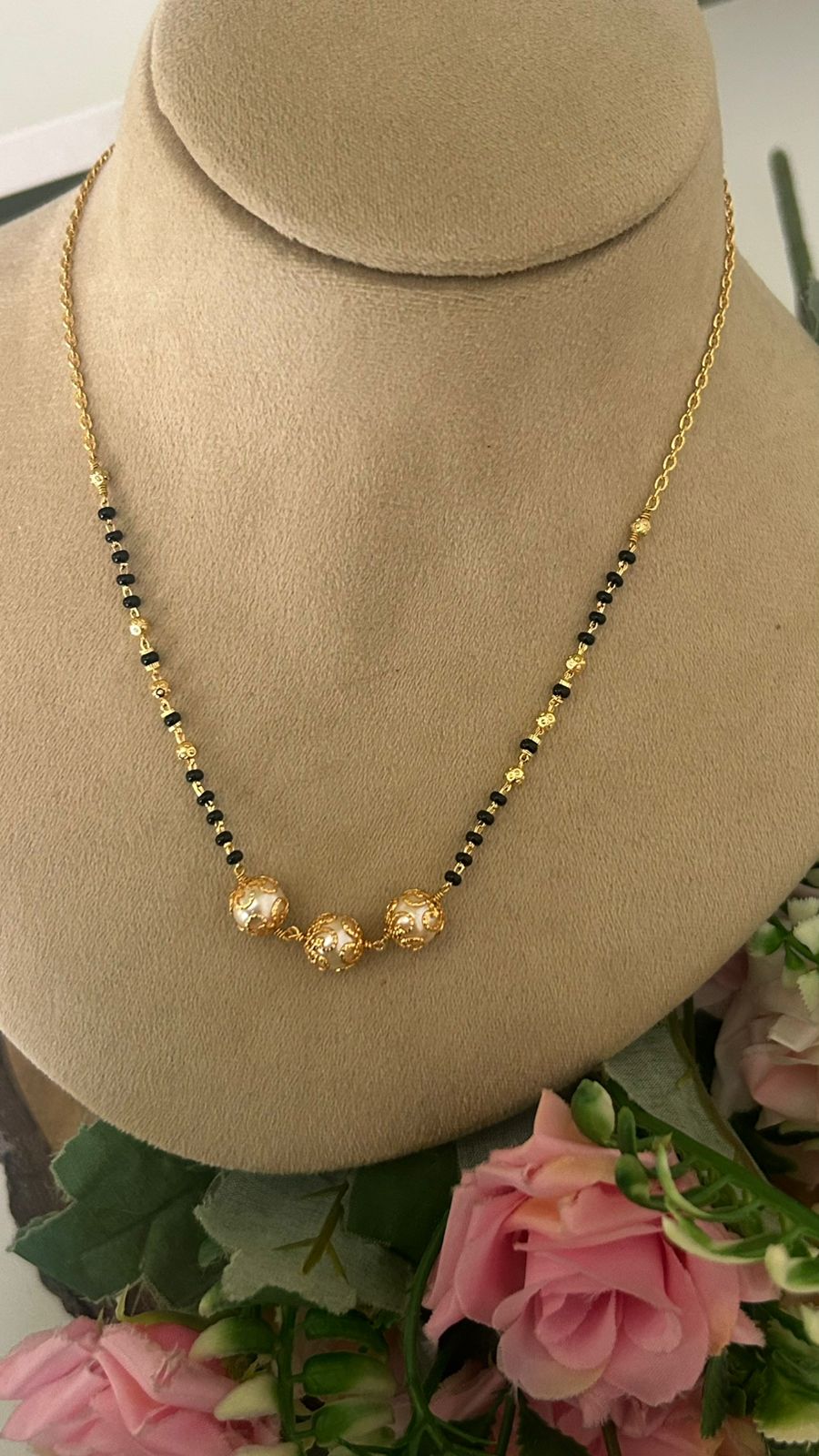 Premium Black Beads Necklace with Designer Gold Balls – 16–17 Inches
