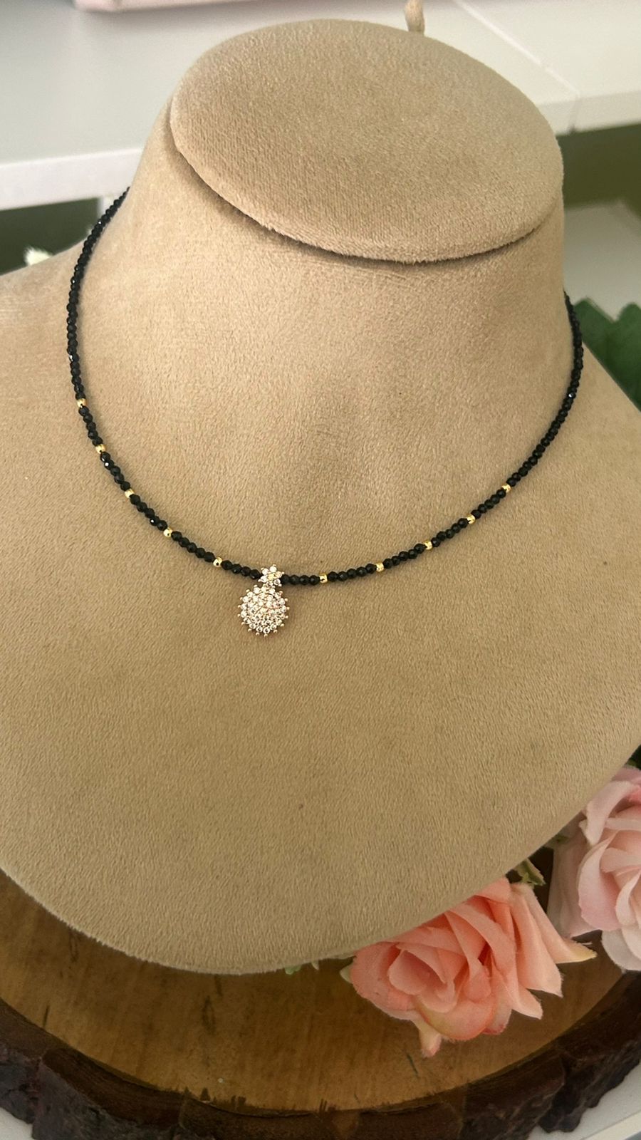 Black Beaded Mangalsutra with CZ Floral Pendant | Gold Accents Beaded Necklace in 15 to 16 inches