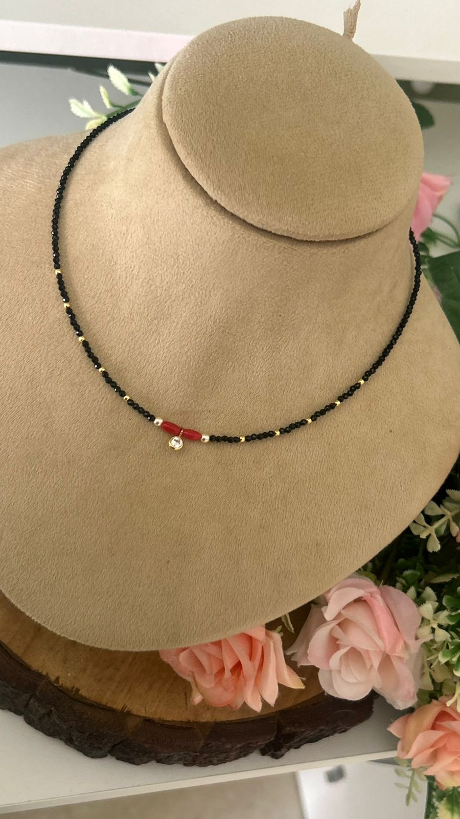 Black Beaded Mangalsutra with Red Coral & CZ Drop Pendant | Gold Bead Necklace in 15 to 16 inch