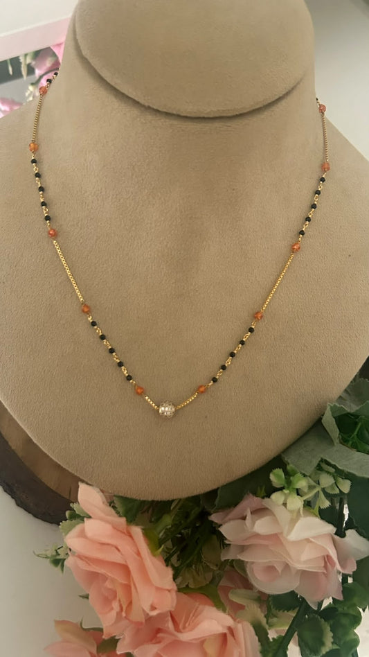 Designer Black Beads Chain with CZ, Orange Beads & Small AD Ball – 17 Inches
