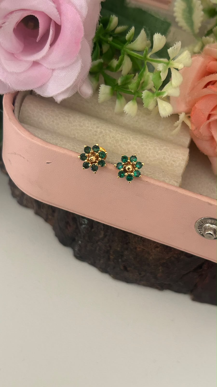 Panchaloham Gold Polish Sparkling Petal Stud Earrings in full green